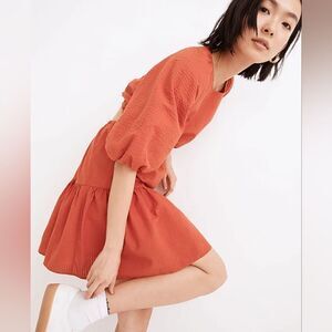 Madewell Orange Seersucker Puff-Sleeve Cutout Mini‎ Dress XXL CottageCore Fall